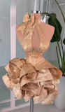 Retro Champagne Bowknot Halter Dress Design A-line Satin Party Dress Homecoming Dress HZ0319