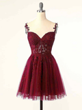 Vintage Burgundy Applique Sweetheart Spaghetti Strap Design A-line Tulle Party Dress Homecoming Dress HZ0319