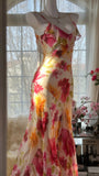 Vintage Floral A-line V-neck Spaghetti Strap Evening Dress Prom Dresses, HZ0319