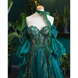 Elegant Sweetheart A-Line Beading Chiffon Green Long Prom Dress Evening Gown, HZ0319