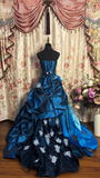 Navy Blue Straps A-Line Satin Appliques Long Prom Dress Evening Ball Gown, HZ0319