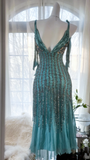Elegant Blue Sparkling Beaded Spaghetti Strap V-neck Romantic Chiffon Evening Dress Prom Dresses HZ0319