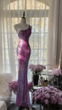 Purple One Shoulder Sequins Mermaid Long Prom Dress Vintage Party Dress, HZ0319