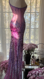 Purple One Shoulder Sequins Mermaid Long Prom Dress Vintage Party Dress, HZ0319