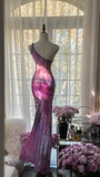 Purple One Shoulder Sequins Mermaid Long Prom Dress Vintage Party Dress, HZ0319