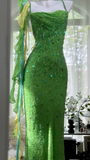 Vintage Shiny Sequin Green Spaghetti Strap Design A-line Romantic Chiffon Evening Dress Prom Dress HZ0319