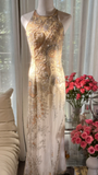 Retro Golden Sparkling Beaded Halter Dress Elegant Chiffon Evening Dress Prom Dresses HZ0319