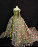 Green Off Shoulder A-Line Satin Lace Long Prom Dress Evening Ball Gown, HZ0319
