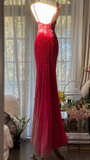 Stunning Red Straps Mermaid Chiffon Beading Vintage Long Evening Party Dress, HZ0319