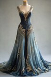 Navy Ombre Straps A-Line Beading Chiffon Long Prom Dress Evening Gown, HZ0319