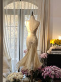 Vintage Ivory Spaghetti Straps Mermaid Beading Long Party Dress Evening Dress, HZ0319