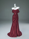 Burgundy Off Shoulder Mermaid Satin Long Formal Evening Party Dresses, HZ0319