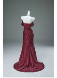 Burgundy Off Shoulder Mermaid Satin Long Formal Evening Party Dresses, HZ0319
