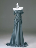 Burgundy Off Shoulder Mermaid Satin Long Formal Evening Party Dresses, HZ0319