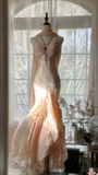 Fairy Pink Spaghetti Straps Mermaid Beaded Long Evening Dresses Birthday Outfits, HZ0319