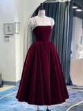 Retro Burgundy Beaded Spaghetti Strap Design A-line Velvet Party Dress Homecoming Dress HZ0319