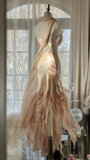 Fairy Pink Spaghetti Straps Mermaid Beaded Long Evening Dresses Birthday Outfits, HZ0319