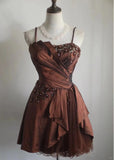 Vintage Brown Beading Design A-line Spaghetti Strap Party Dresses Homecoming Dresses, HZ0319