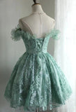 Vintage Green Appliqued Design A-line Off-the-shoulder Party Dresses Homecoming Dresses, HZ0319
