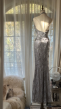 Vintage Silvery V-neck Sparkling Sequin Design Romantic Chiffon Evening Dress Prom Dress HZ0319
