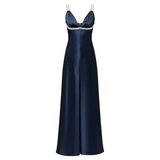 Dark Navy Straps A-Line Satin Long Party Dress Formal Evening Dress, HZ0319