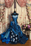 Blue Spaghetti Straps A-Line Satin Appliques Retro Long Prom Dress Evening Gown, HZ0319