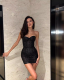 Retro Strapless Sweetheart Lace-up Design Sheath Satin Party Dress Homecoming Dresses, HZ0319