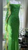 Vintage Shiny Sequin Green Spaghetti Strap Design A-line Romantic Chiffon Evening Dress Prom Dress HZ0319