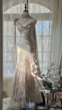 Light Pink Straps Mermaid Beaded Long Evening Dresses Birthday Outfits, HZ0319