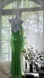 Vintage Shiny Sequin Green Spaghetti Strap Design A-line Romantic Chiffon Evening Dress Prom Dress HZ0319