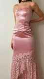 Lovely Pink Two Pieces Strapless Sheath Satin Long Party Dress Birthday Outfits, HZ0319