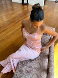 Lovely Pink Two Pieces Strapless Sheath Satin Long Party Dress Birthday Outfits, HZ0319