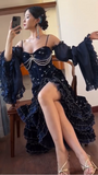 Prom Dress Dark Navy Spaghetti Straps Mermaid Layers Ruffles Sexy Evening Dress Birthday Outfits, HZ0319