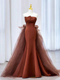 Brown Mermaid Satin Tulle Long Prom Dress, Brown Long Evening Dress HZ0319