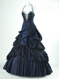 Dark Navy Halter Neck A-Line Beading Vintage Long Party Dress Evening Gown, HZ0319
