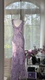 Vintage Light Purple Floral Applique Mermaid Cowl Neck Design Satin Prom Dress Evening Dress HZ0319