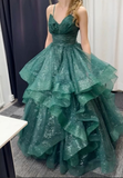 Green Spaghetti Straps A-Line Long Formal Prom Dress Evening Ball Gown, HZ0319