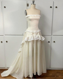 Ivory Strapless A-Line Lace Vintage Wedding Dress Long Party Dresses, HZ0319