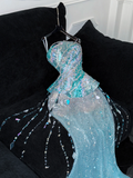 Gorgeous Sparkling Blue Sequin Beaded Mermaid Elegant Chiffon Evening Dress Prom Dresses HZ0319