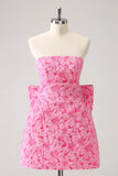 Vintage Rose Pink Bow Design A-line Floral Sleeveless Strapless Homecoming Dress, HZ0319