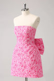 Vintage Rose Pink Bow Design A-line Floral Sleeveless Strapless Homecoming Dress, HZ0319