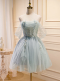 Vintage Light Blue Beaded Off-the-shoulder Design A-line Tulle Party Dress Homecoming Dress HZ0319