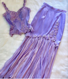 Lilac Straps Two Pieces Sheath Satin Chiffon Vintage Long Party Dress, HZ0319