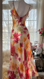 Vintage Floral A-line V-neck Spaghetti Strap Evening Dress Prom Dresses, HZ0319