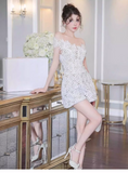 Cute White Appliqued Off-the-shoulder Design A-line Party Dress Homecoming Dress, HZ0319
