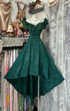 Vintage Dark Green Off-the-shoulder Irregular Hem Design A-Line Applique Prom Dress Evening Dress HZ0319