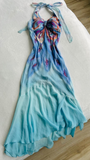 Blue Halter Neck Sheath Chiffon Long Evening Dress Vintage Party Dress, HZ0319