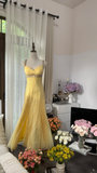 Retro Yellow Shinny Backless Design A-line Elegant Chiffon Evening Dress Prom Dress HZ0319