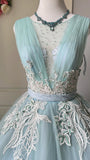 Pretty Ball Gown Light Blue Crew Neck Pleated Tulle Prom Dresses Evening Gala Gown Birthday Party Dress HZ0319
