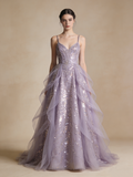 Sparking Prom Dress Purple Spaghetti Straps Gala Gown Birthday Party Outfits Evening Dress HZ0319